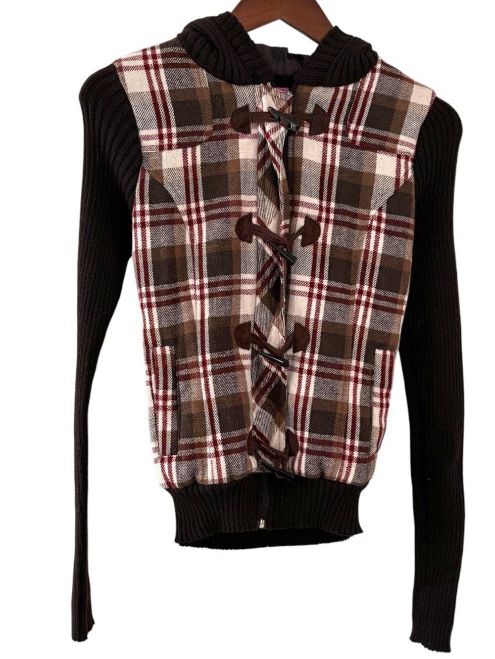 Vintage Y2K Say What? Hooded Sweater Jacket M Brown Plaid Emo Grunge Skater